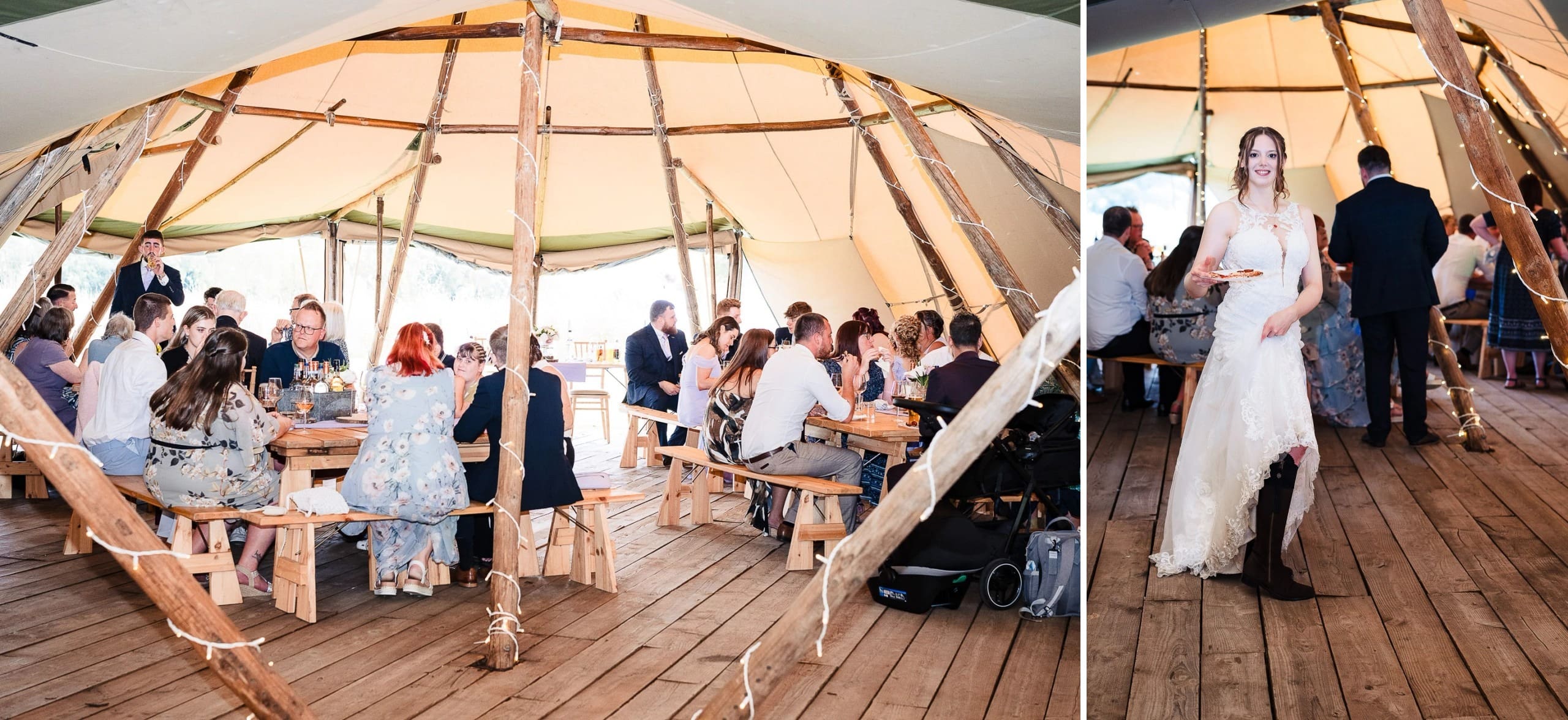Guests dining and mingling under a large open-sided tent at a reception. — Wedding at Moulton Parish Church, Northamptonshire