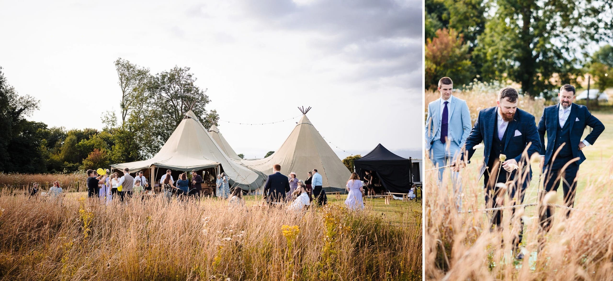 Guests mingling and gathering outside cream canvas bell tents in a golden field before an event. — Wedding at Moulton Parish Church, Northamptonshire