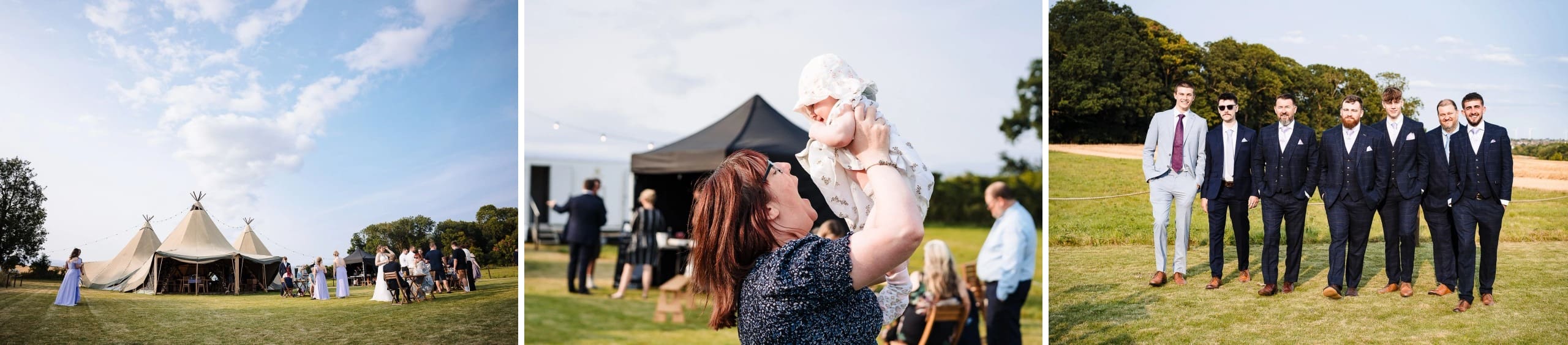 Guests mingling and gathering outside a tipi tent at an outdoor wedding venue. — Wedding at Moulton Parish Church, Northamptonshire