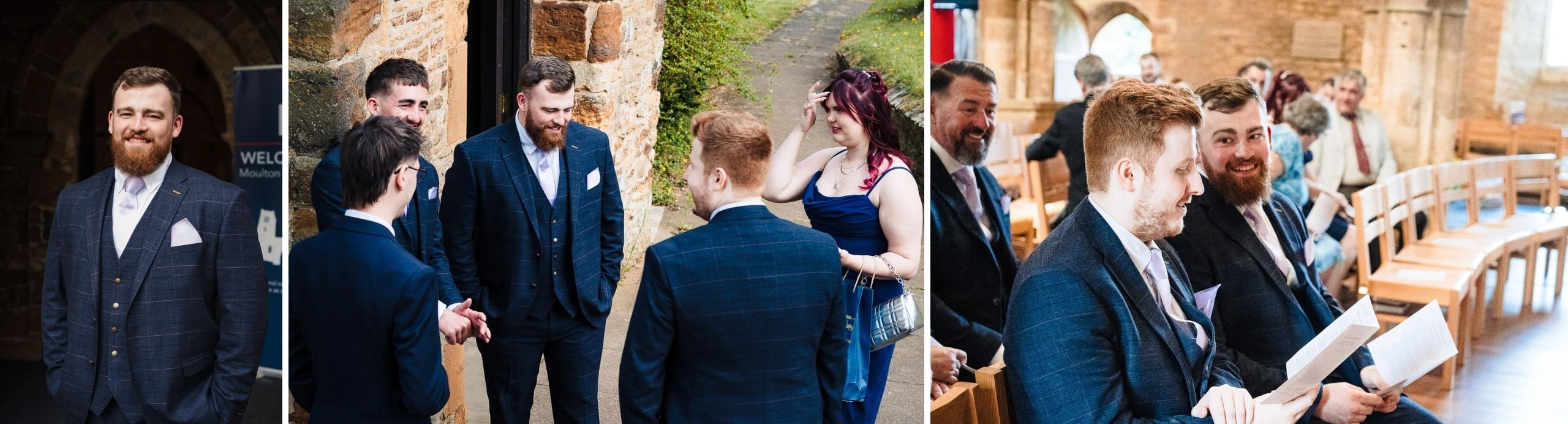 Man in formal attire standing for a professional portrait against an arched stone backdrop. — Wedding at Moulton Parish Church, Northamptonshire