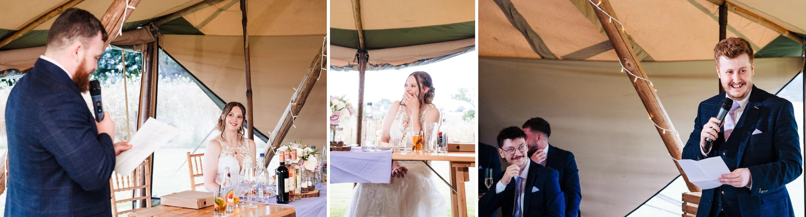 Man giving a speech at the reception table while bride listens attentively. — Wedding at Moulton Parish Church, Northamptonshire