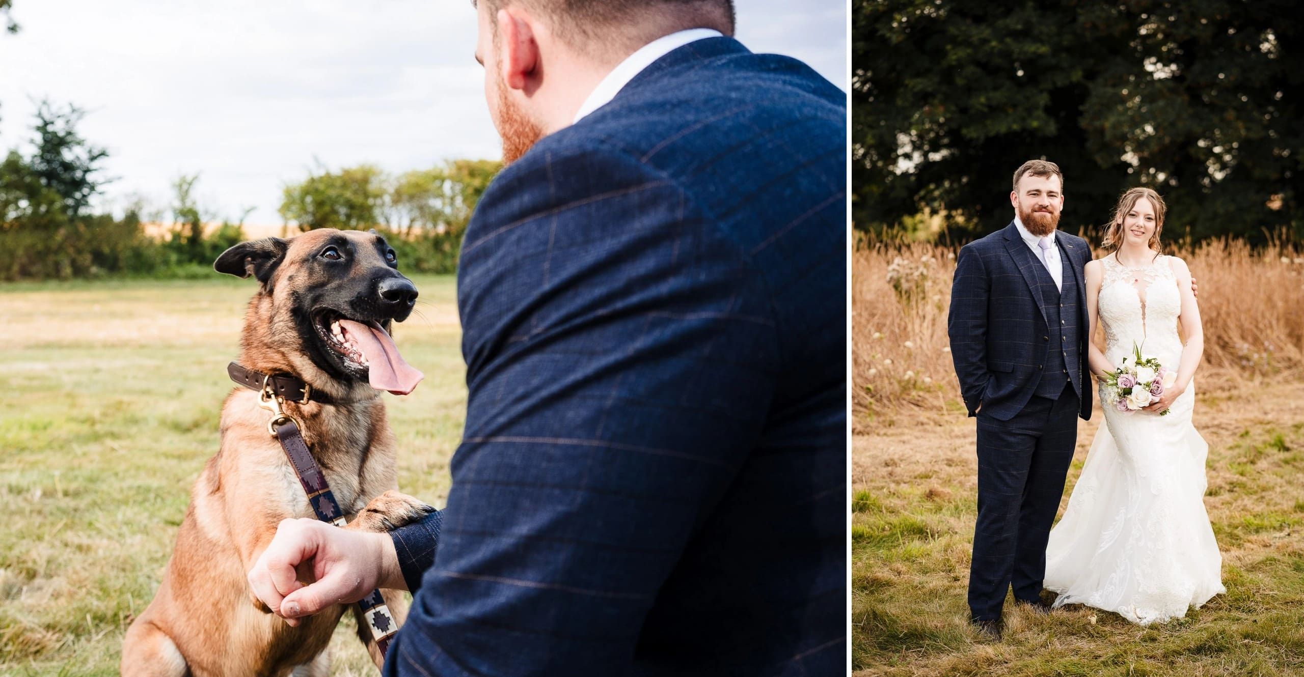 Man in navy suit shaking hands with a brown dog in an open field. — Wedding at Moulton Parish Church, Northamptonshire
