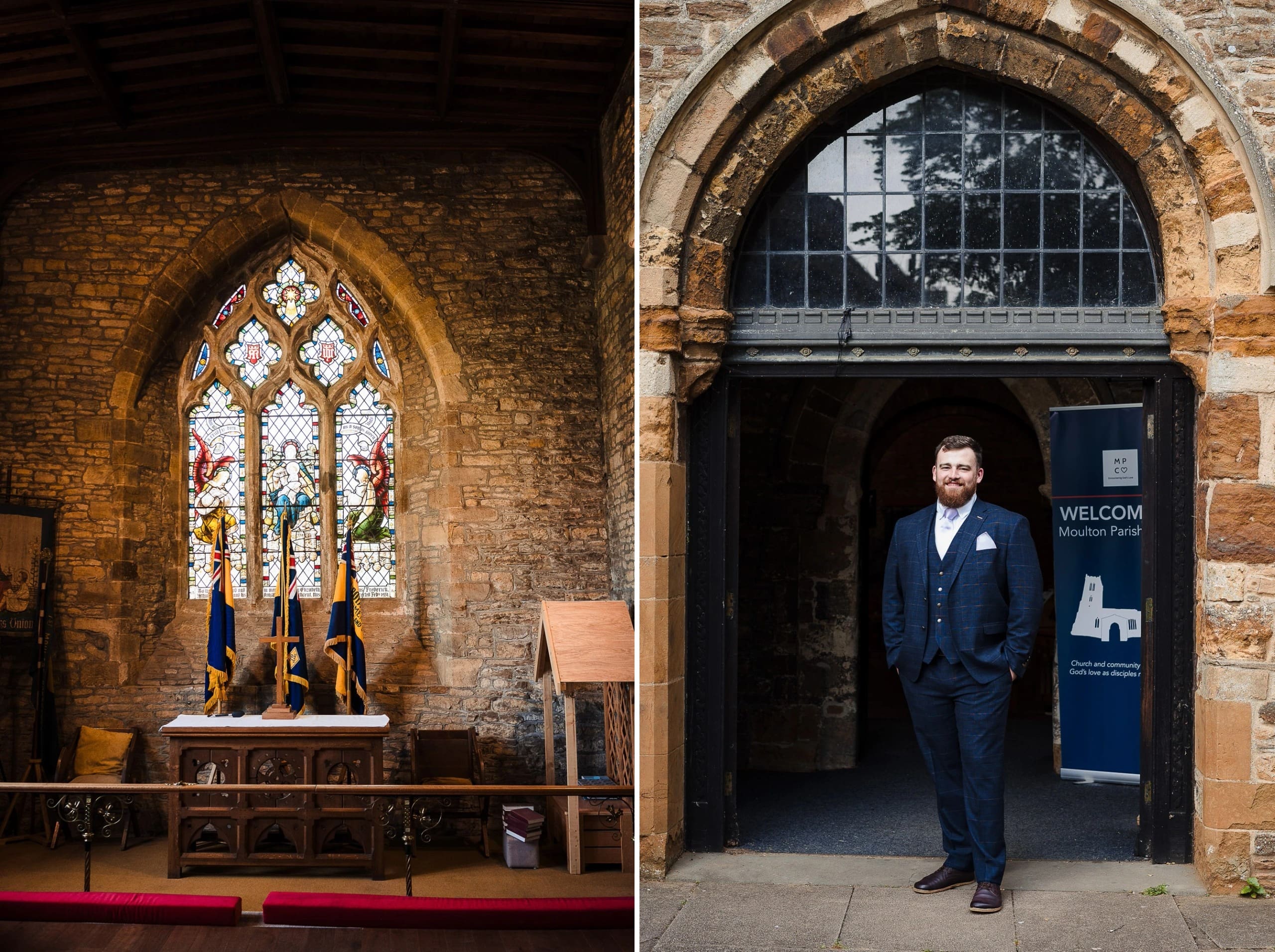 Three figures stand before an ornate stained-glass window in a church altar area during a ceremony. — Wedding at Moulton Parish Church, Northamptonshire