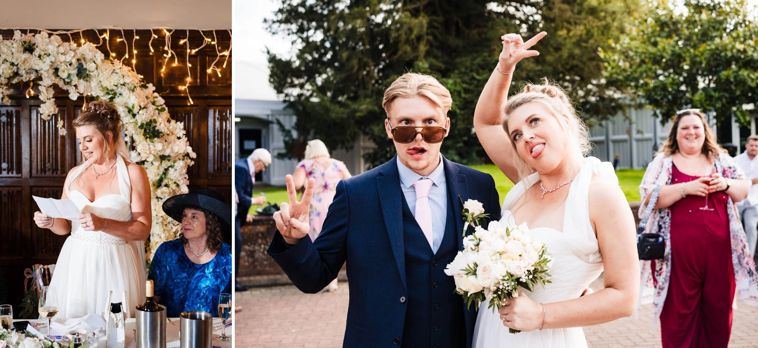 Bride giving a speech at her reception while seated guest listens attentively. — Wedding at Sprowston Manor Hotel, Norfolk