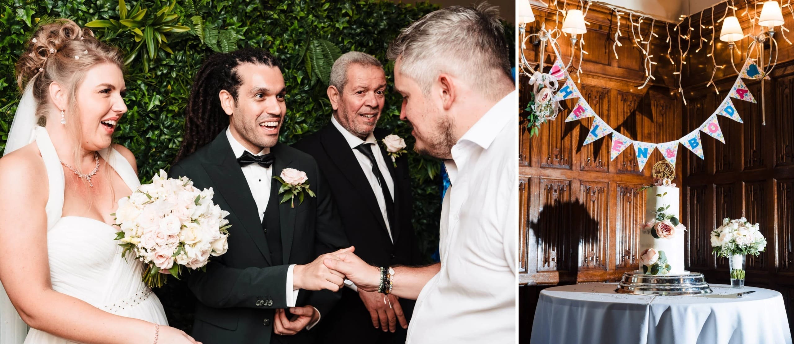 Bride and groom greeting guests during reception, laughing and shaking hands with well-wishers. — Wedding at Sprowston Manor Hotel, Norfolk