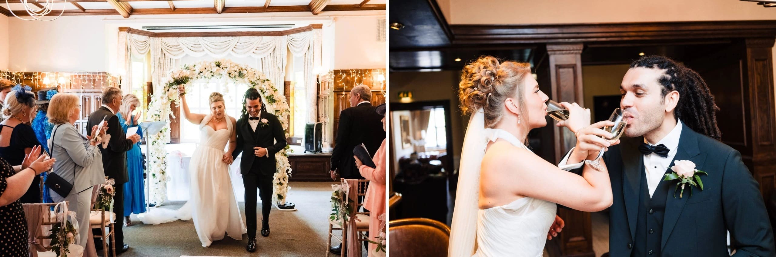 Bride and groom walk back down the aisle together as guests applaud and celebrate after their ceremony. — Wedding at Sprowston Manor Hotel, Norfolk