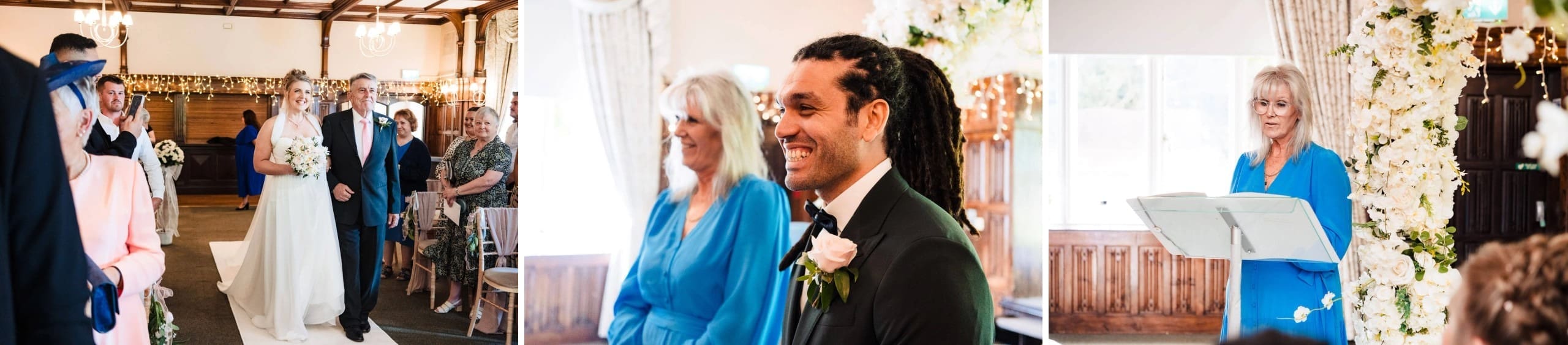 Bride and groom walk down the aisle together as wedding guests watch from seated positions. — Wedding at Sprowston Manor Hotel, Norfolk