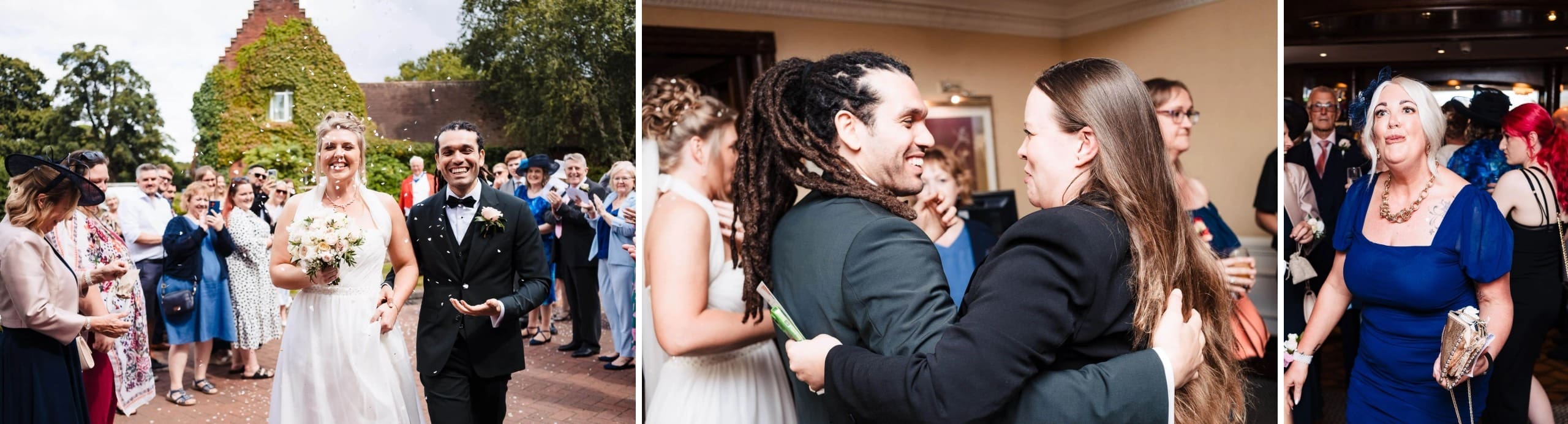 Bride and groom walk together down a brick path as guests line both sides applauding and watching. — Wedding at Sprowston Manor Hotel, Norfolk