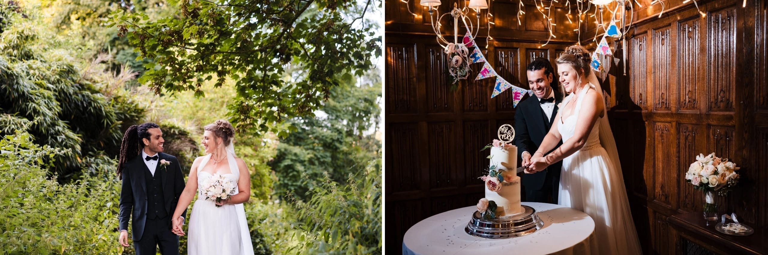 Bride and groom walking hand-in-hand through a lush garden, gazing at each other. — Wedding at Sprowston Manor Hotel, Norfolk