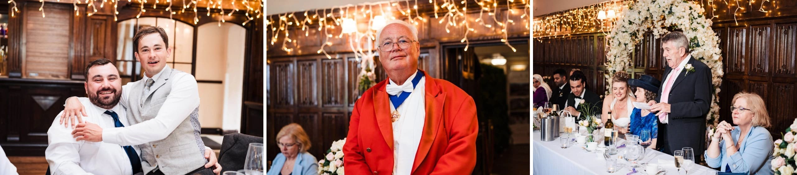 Two men embrace and smile at a formal event, one standing behind the other with his arm around his shoulder. — Wedding at Sprowston Manor Hotel, Norfolk