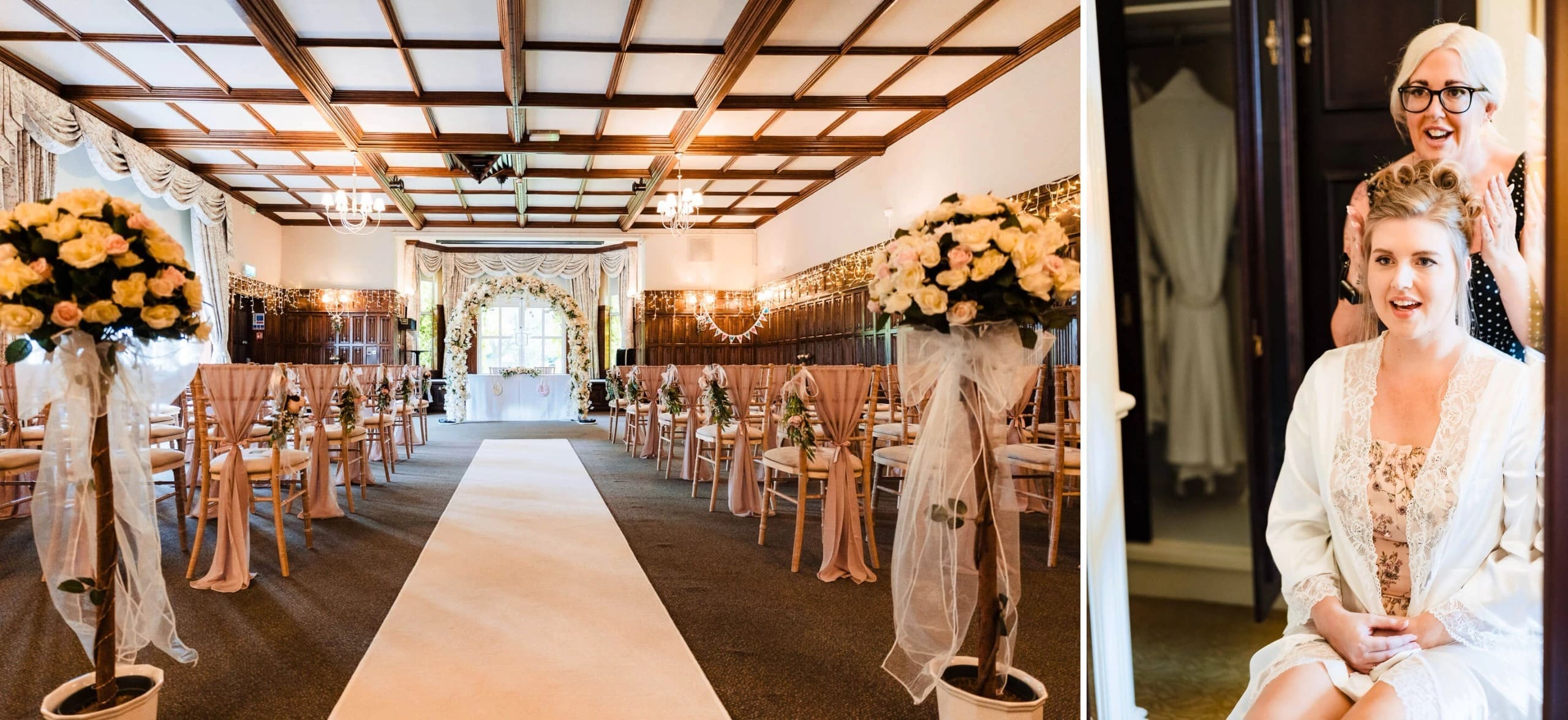Wedding ceremony aisle decorated with floral arrangements and chair ribbons, ready for guests to process. — Wedding at Sprowston Manor Hotel, Norfolk