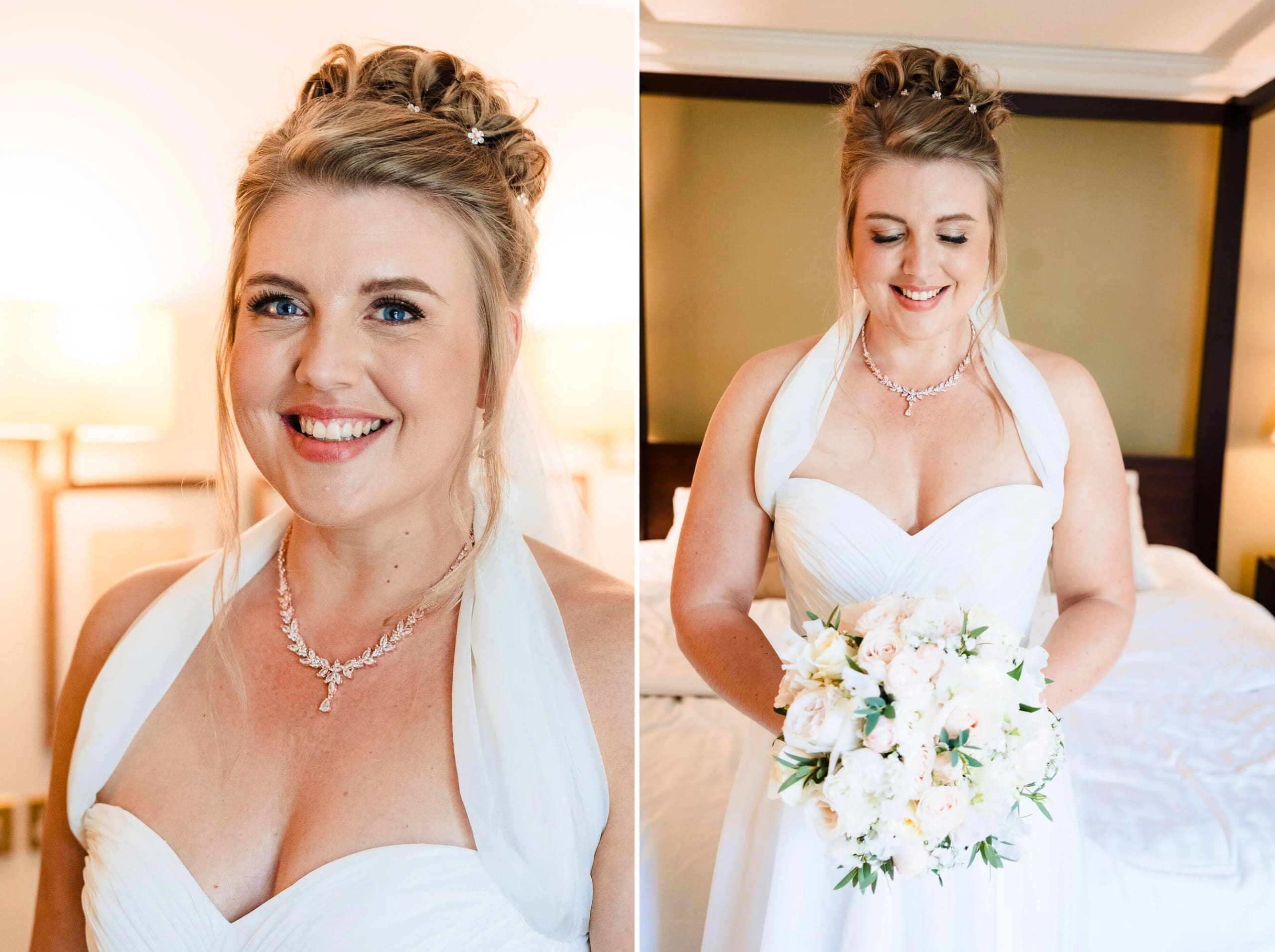 Woman smiling at camera in formal portrait, wearing bridal gown and jewelry. — Wedding at Sprowston Manor Hotel, Norfolk
